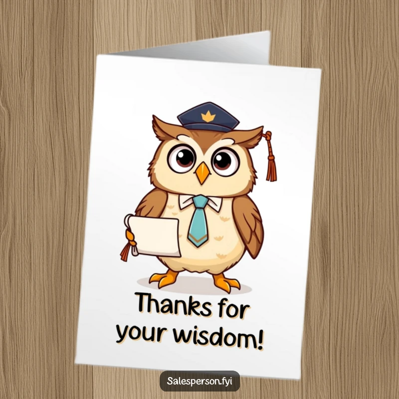 Funny free printable thank you card featuring a proud owl in a tie holding a diploma, conveying thanks with academic sophistication and humor.