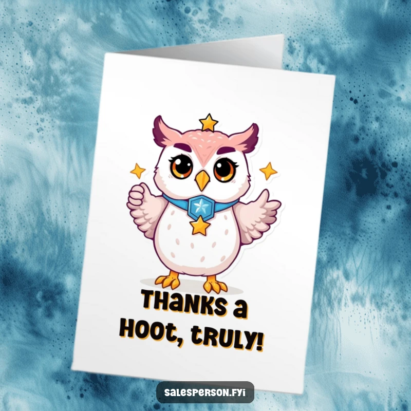 Funny free printable thank you card: A proud owl wearing a badge points decisively towards a dazzling golden star.