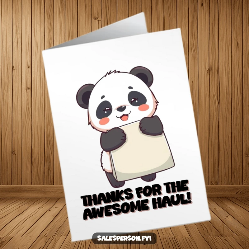 Funny Free Printable Thank You Card: Panda gleefully carrying an enormous shopping bag, a symbol of appreciation.