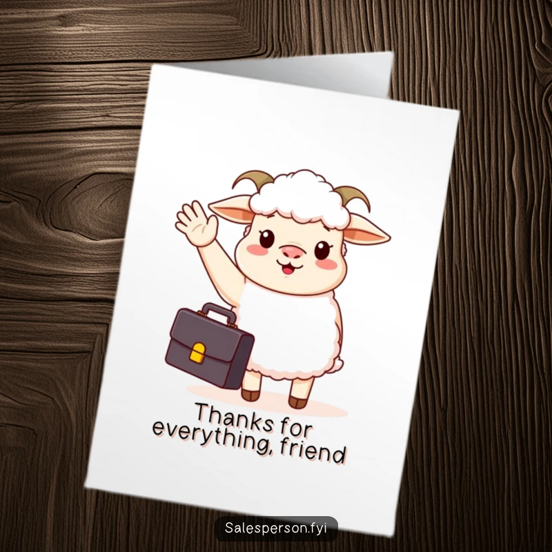 Funny free printable thank you card: A happy sheep with a briefcase enthusiastically waves hello, expressing thanks.