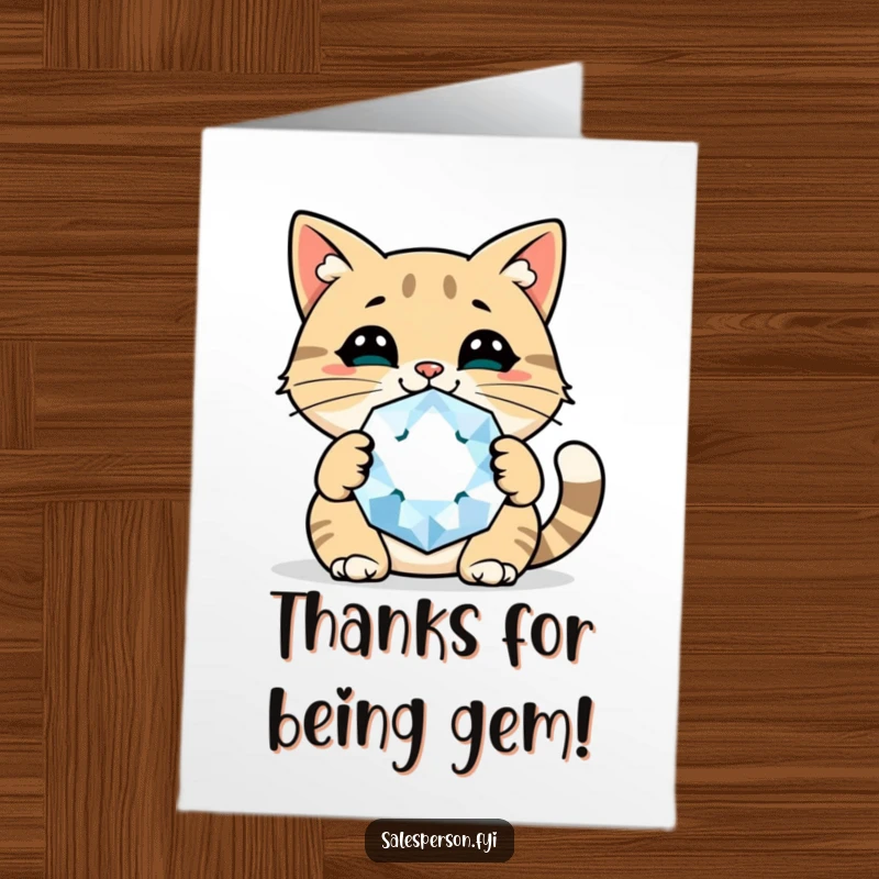 Funny Free Printable Thank You Card: Cheerful cat smiles holding a giant sparkly gem to say thank you.