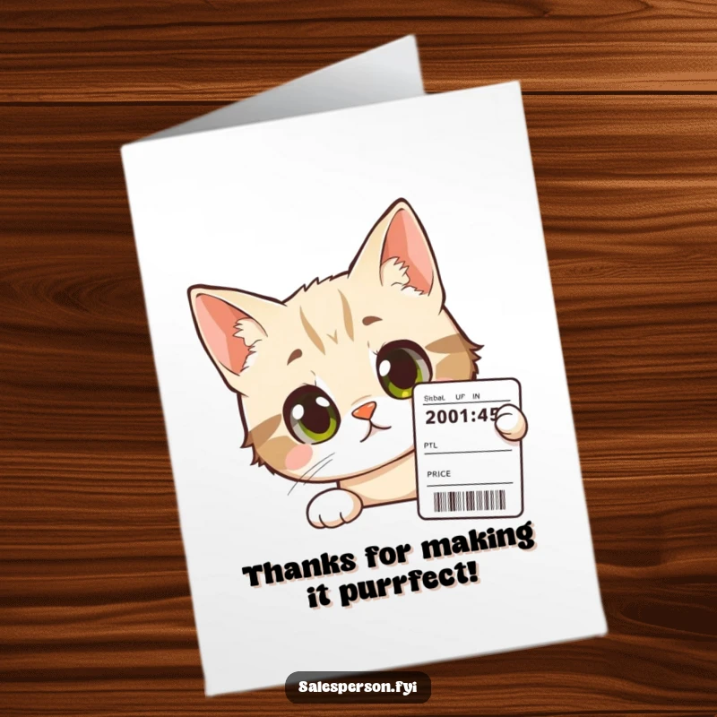 Funny Free Printable Thank You Card: A curious cat with wide eyes peers at a price tag, perfect for thanking someone.