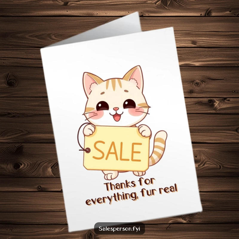 Funny Free Printable Thank You Card: A happy cat holds a price tag prominently displaying a big SALE sign.