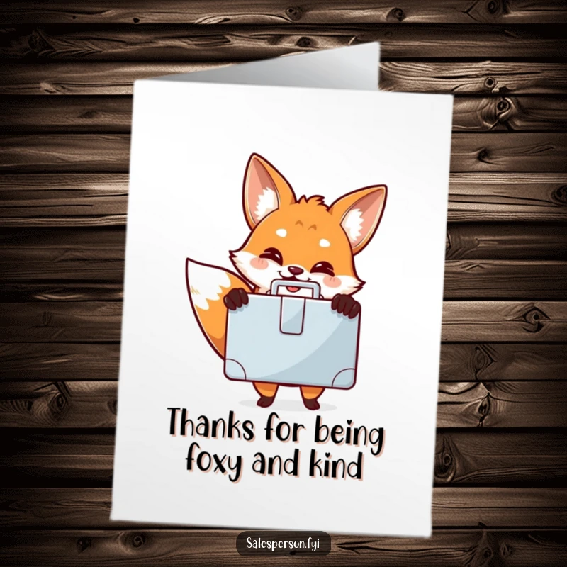 Funny Free Printable Thank You Card: A smiling fox proudly presents a shiny briefcase, conveying thanks.