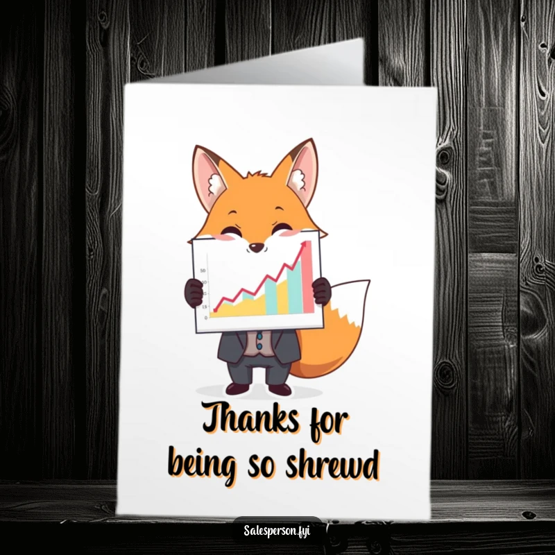 Funny free printable thank you card: A fox in a suit holds a large, colorful graph, indicating success and thanks.