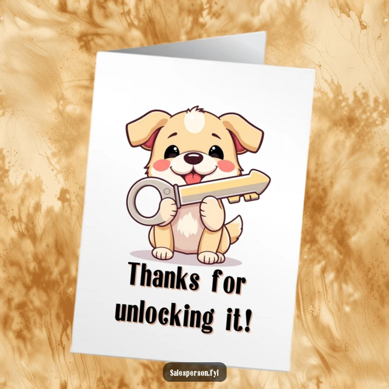 Funny Free Printable Thank You Card with a beaming dog presenting a big, shiny key, a symbol of unlocking appreciation.