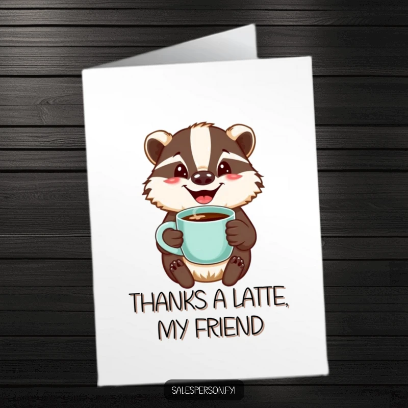 Funny Free Printable Thank You Card: A jovial badger offers a steaming cup of coffee with a friendly, welcoming smile.