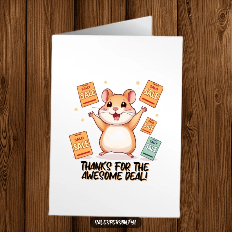 Funny Free Printable Thank You Card: An ecstatic hamster is a whirlwind of motion, juggling sale flyers with immense gratitude.