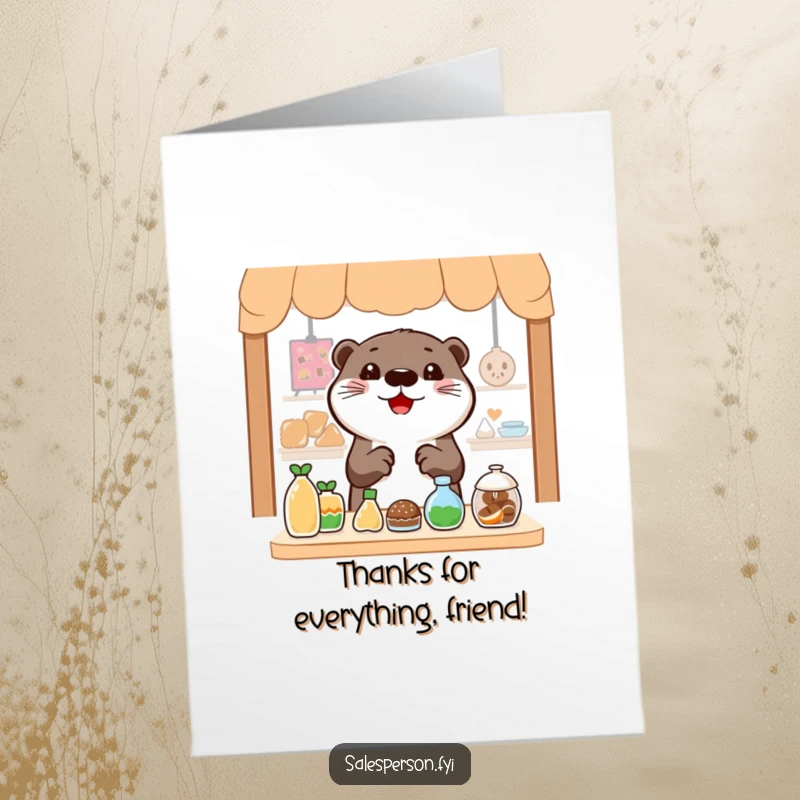 Funny Free Printable Thank You Card: A cheerful otter gestures widely to an enticing display, perfect for sending thanks.