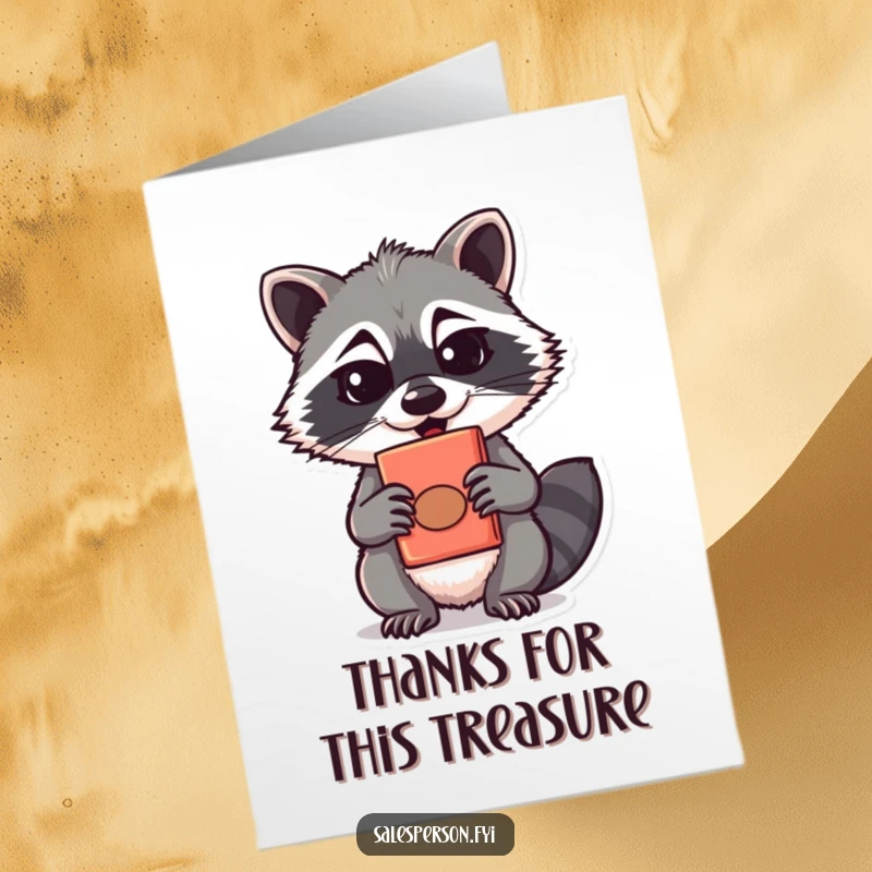 Funny Free Printable Thank You Card: A mischievous raccoon grins slyly as it offers a peculiar, disguised object as thanks.