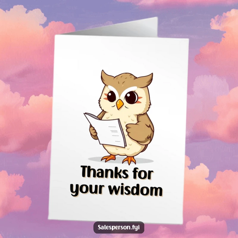 Funny Free Printable Thank You Card: A wise owl holding a ledger nods sagely, commending your thoughtful thanks.