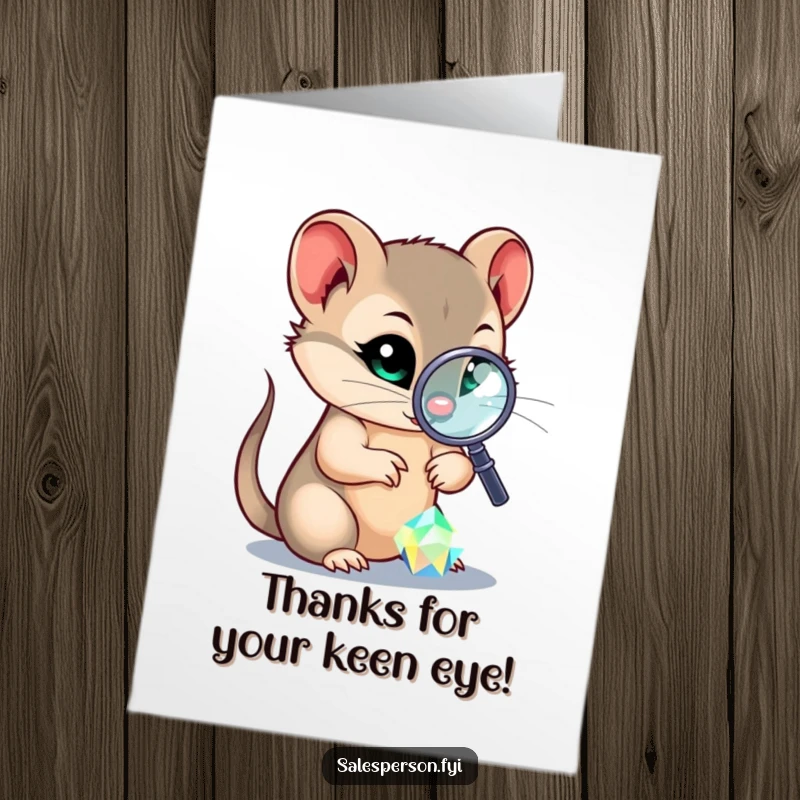 Funny free printable thank you card: A sly weasel with a magnifying glass inspects a brilliantly sparkling gem closely.