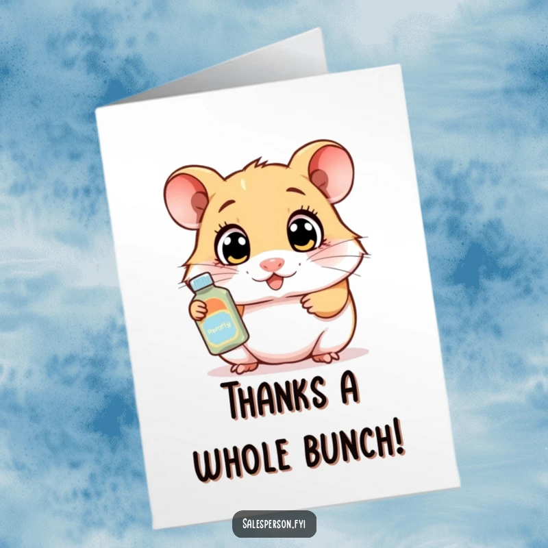 Funny free printable thank you card featuring a curious hamster demonstrating something with wide eyes, conveying thanks with adorable humor.