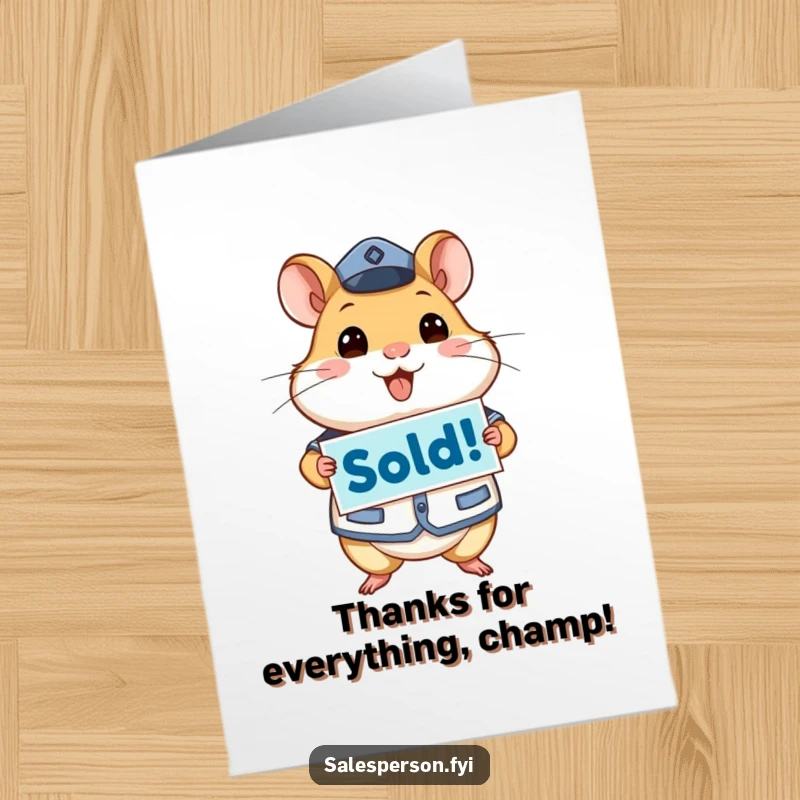 Funny free printable thank you card: An energetic hamster in uniform excitedly holds up a 'Sold!' sign.