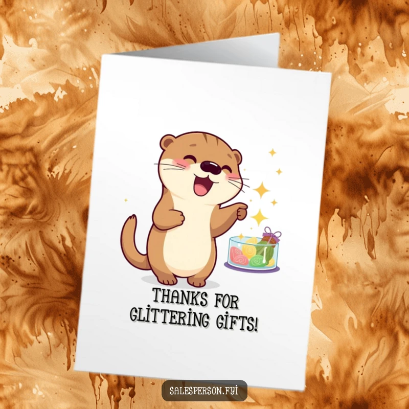 Funny Free Printable Thank You Card: A playful otter points with excitement towards a display of sparkling goods.
