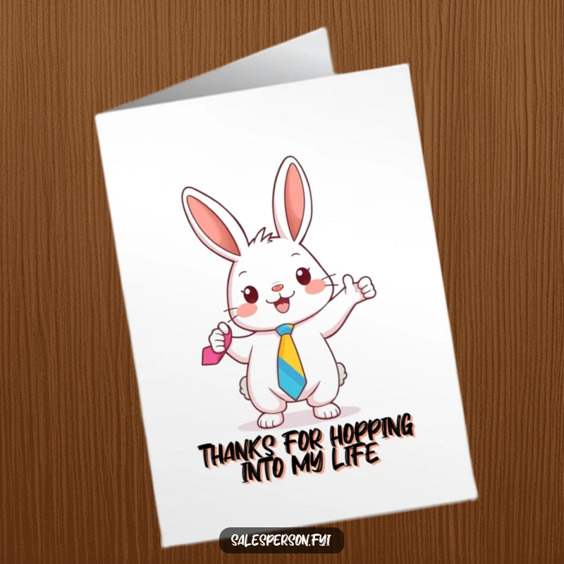 Funny Free Printable Thank You Card: A cute bunny excitedly gestures with a brightly colored tie, saying thanks.