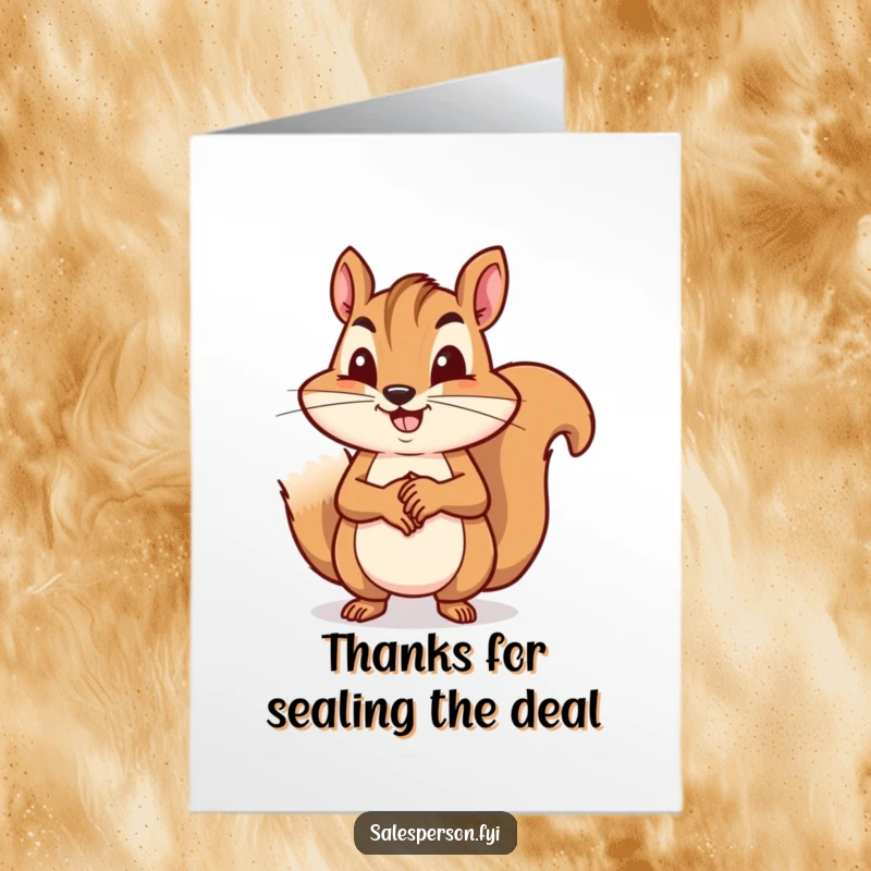 Funny Free Printable Thank You Card: A squirrel in a suit confidently shakes hands, conveying thanks for a successful deal.