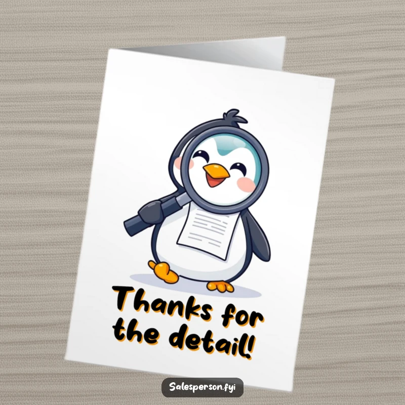 Funny free printable thank you card with a joyful penguin examining a document intently with a magnifying glass, highlighting attention to detail.