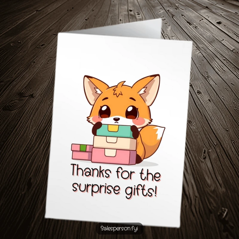 Funny Free Printable Thank You Card: Wide-eyed fox examining a stack of colorful boxes, conveying surprise and thankfulness.