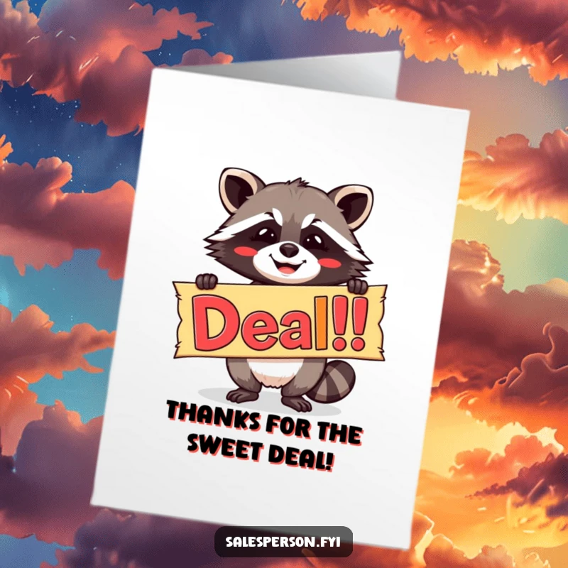 Funny free printable thank you card: A beaming raccoon enthusiastically holds a large, vibrant banner that says 'Deal!'.