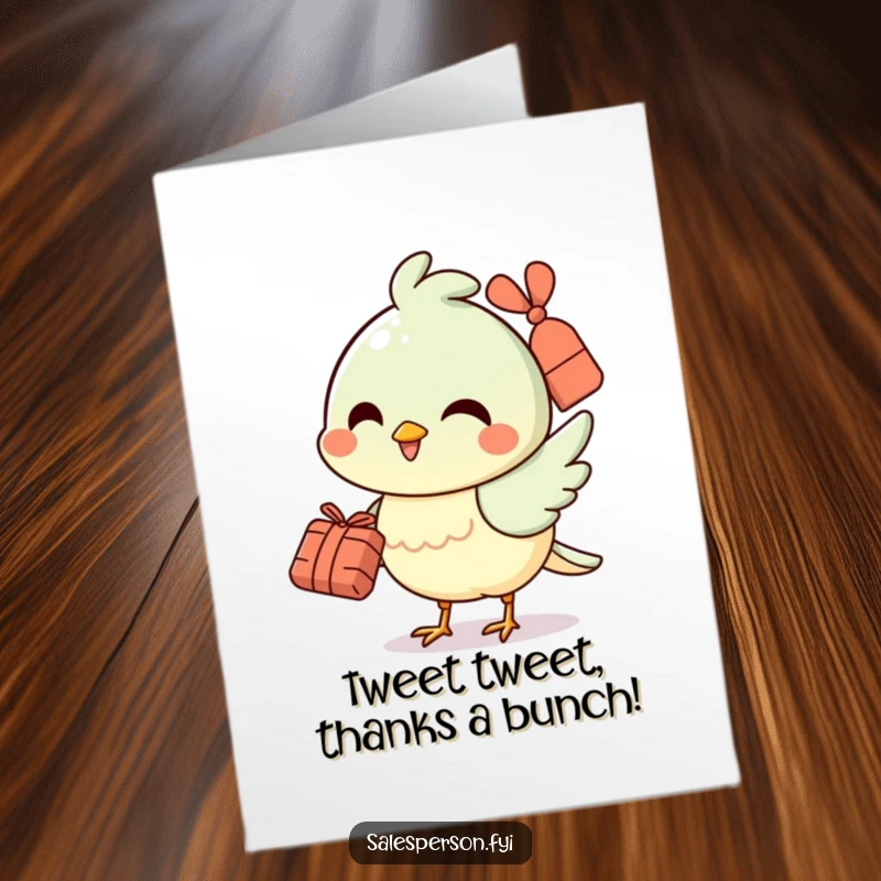 Funny Free Printable Thank You Card: A cheerful bird character handing over a small bundle with a smile, offering thanks.