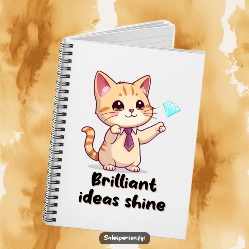 Funny notebook with a cat wearing a tie and gesturing towards a diamond, ideal for note-taking and planning, a practical funny gift.
