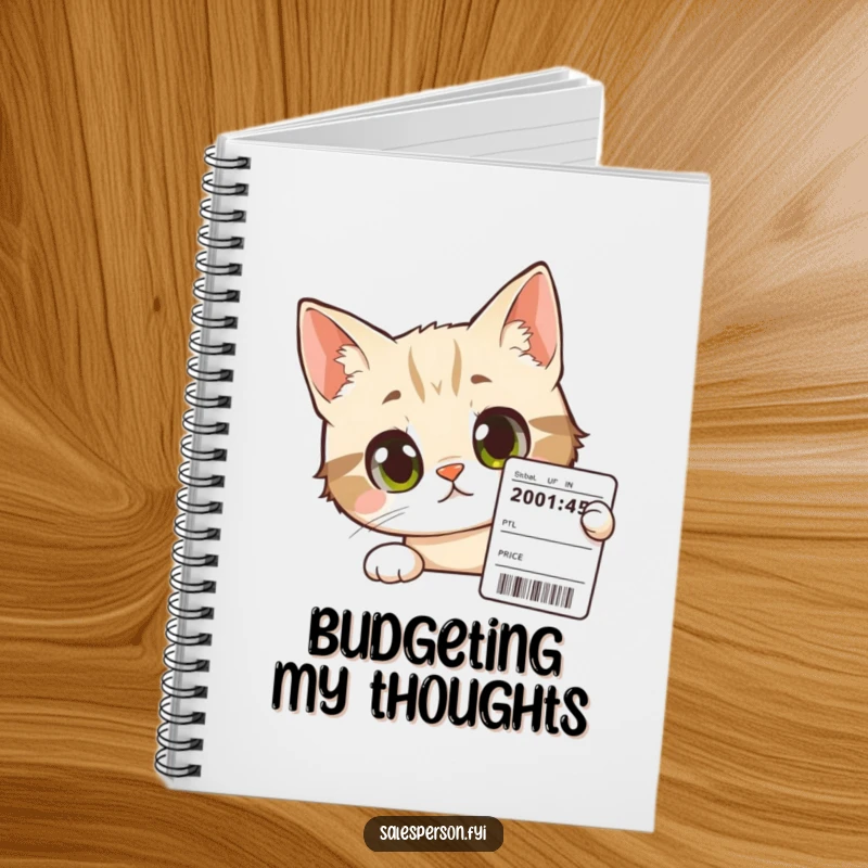 Funny Cat Notebook: Curious cat with wide eyes peers at a price tag, perfect for jotting ideas.