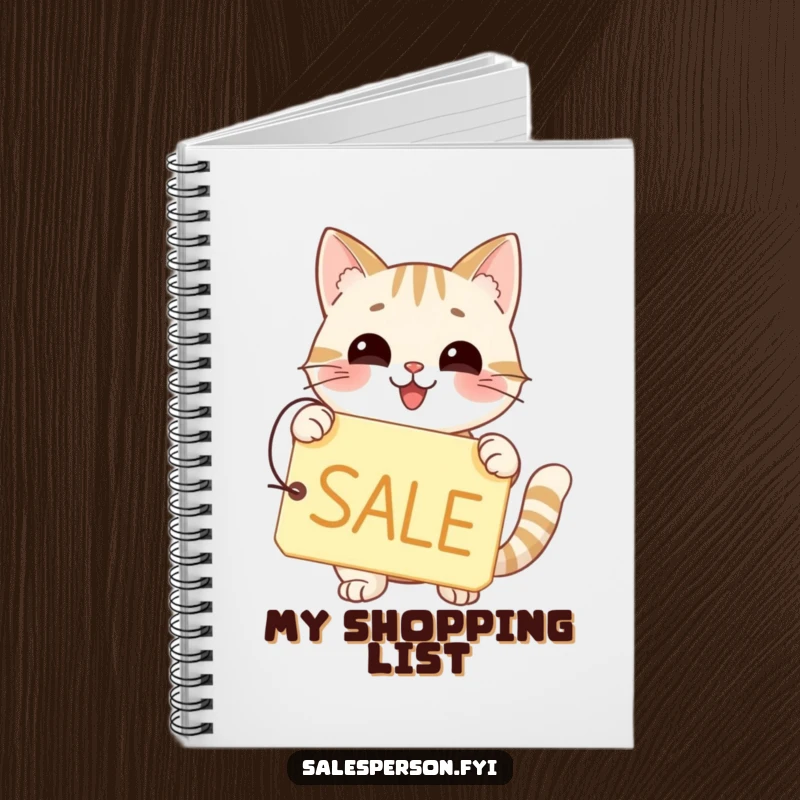 Funny notebook featuring a happy cat holding a price tag with a prominent SALE sign.