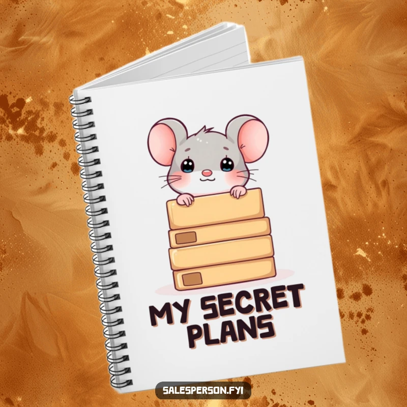 Funny notebook with a curious mouse peeking from behind boxes, ideal for jotting down curious ideas.