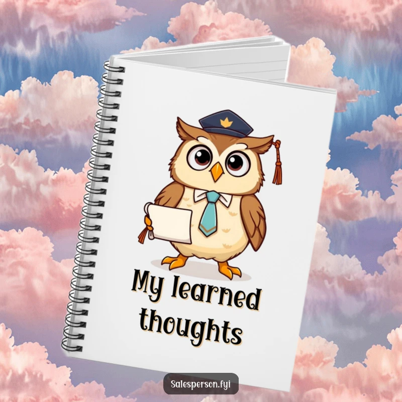 Funny notebook featuring a proud owl in a tie holding a diploma scroll, perfect for jotting down academic notes and ideas.