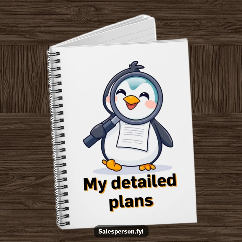 Funny notebook featuring a joyful penguin holding a large magnifying glass to a document, perfect for jotting down investigative notes and ideas.