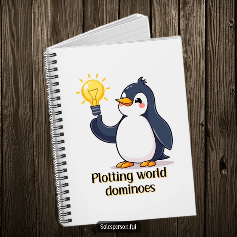 Funny penguin notebook with a jovial bird making sweeping arm movements while pitching an idea, perfect for jotting notes.