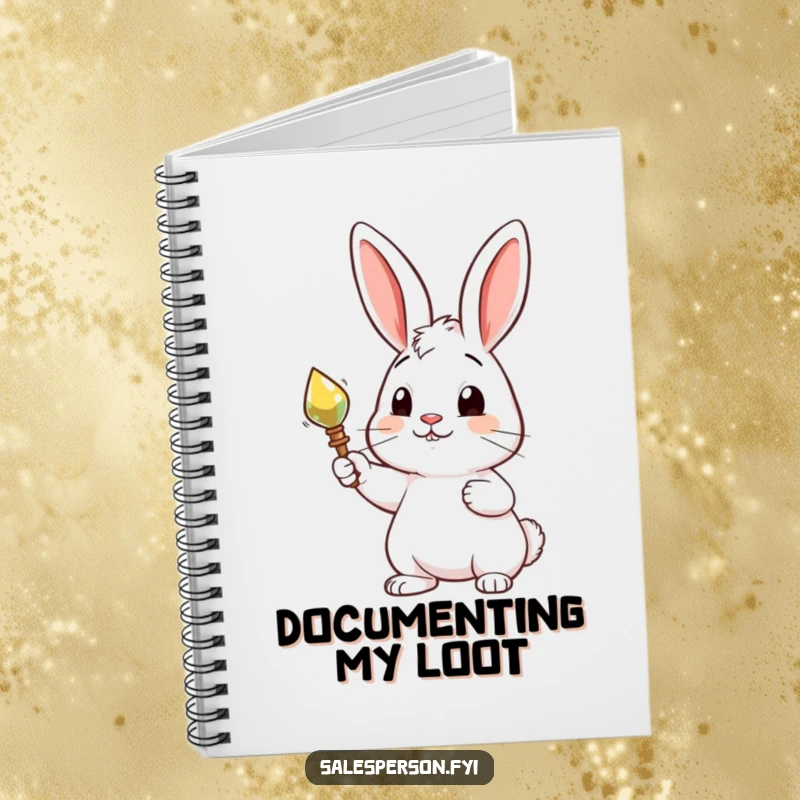 Funny notebook featuring a curious rabbit proudly presenting a shiny object, designed for documenting prized finds humorously.