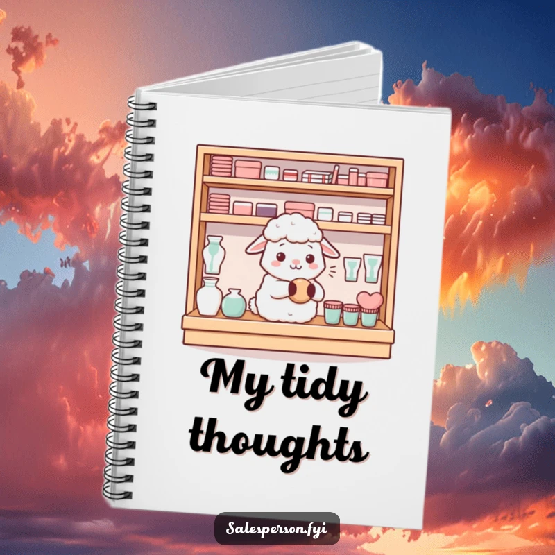 Funny content sheep neatly arranging items on a shelf on a notebook, perfect for organized notes, a funny gift.