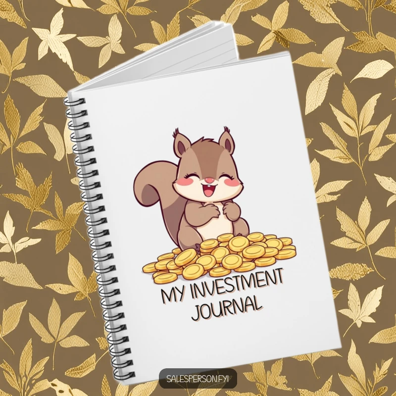 Funny Squirrel Notebook, a squirrel counting coins happily, great for planning finances and ideas.