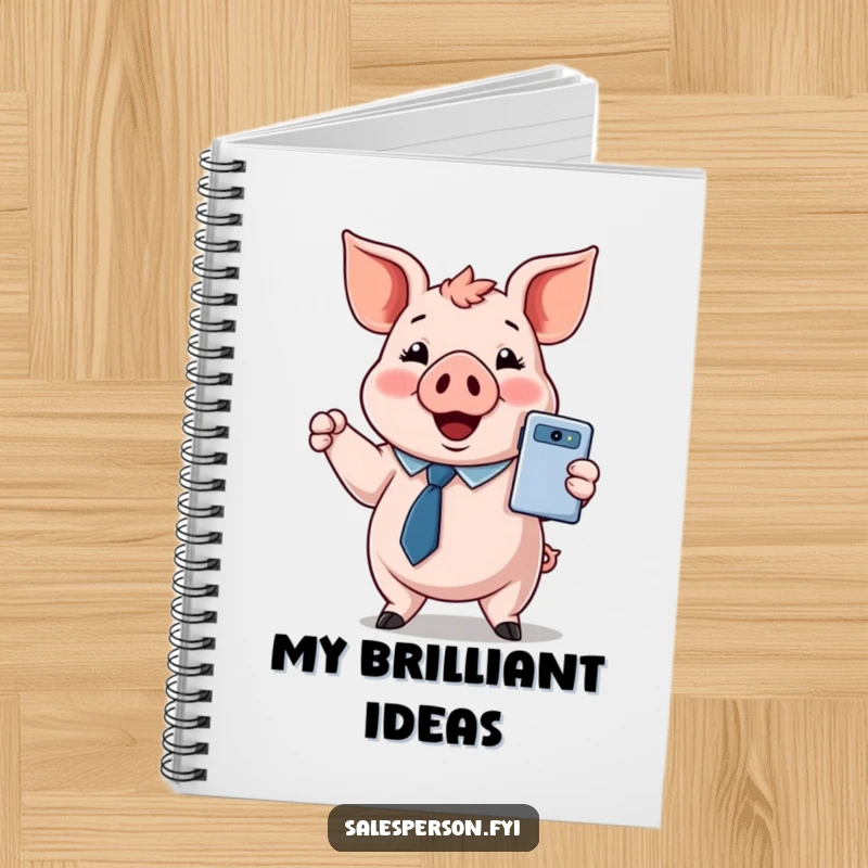 Funny notebook with a pig in a tie, presenting a shiny gadget, perfect for jotting down ideas and plans.