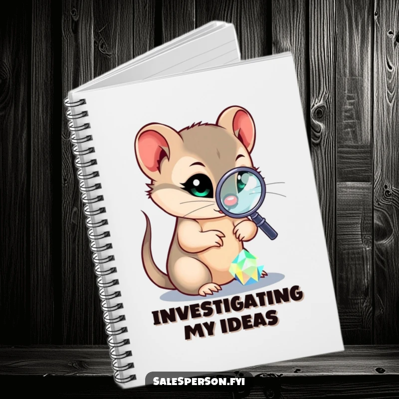 Funny notebook with a sly weasel using a magnifying glass to inspect a sparkling gem, perfect for note-taking and planning.