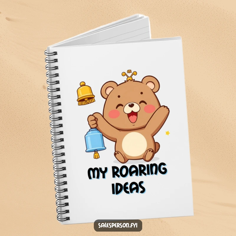 Funny notebook with a happy bear ringing a bell with a wide smile, perfect for jotting down joyful thoughts.