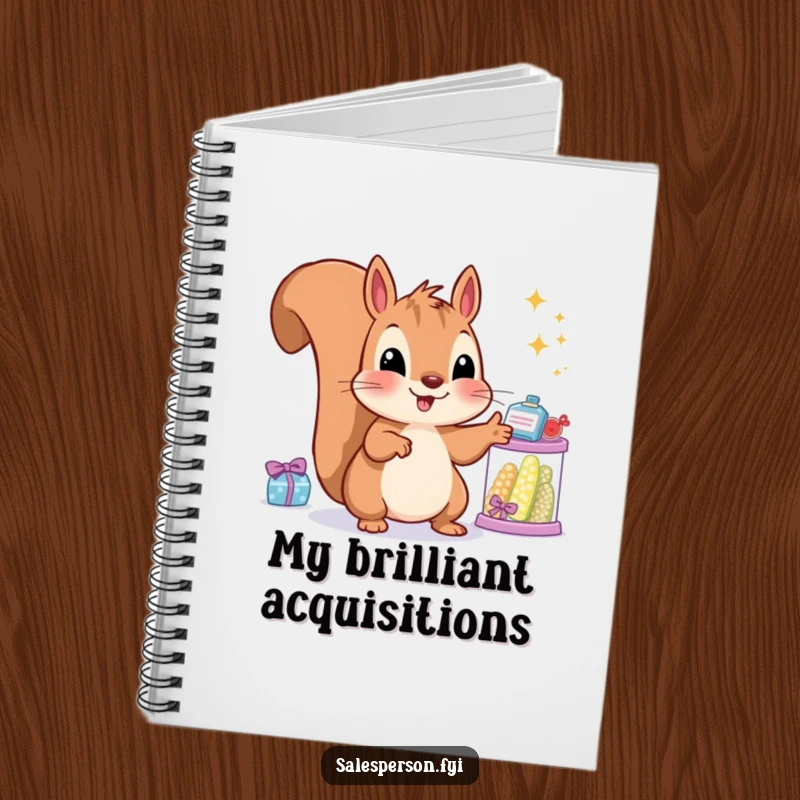 Funny squirrel notebook with a joyful rodent pointing at sparkling goods, perfect for capturing wishes and ideas.