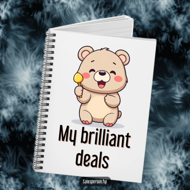 Funny notebook featuring a cheerful bear enthusiastically holding up a shiny object.