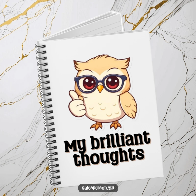 Funny owl with glasses, smiling and giving a thumbs up on the cover of a notebook.