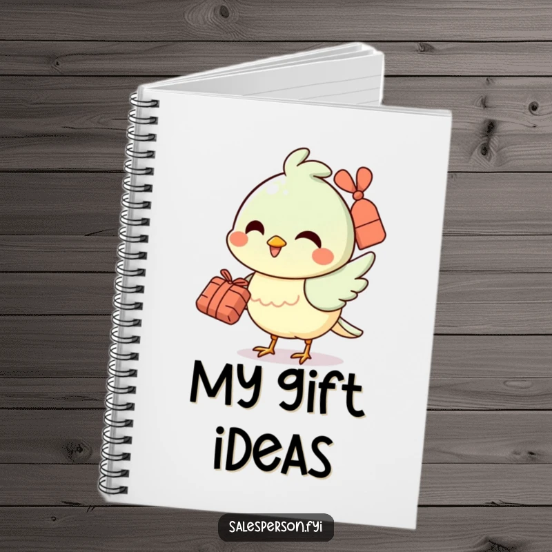Funny notebook with a cheerful bird smiling and holding a small bundle, ideal for jotting happy notes.