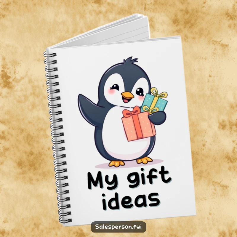 Funny penguin notebook with a cheerful bird offering a wrapped gift, perfect for humorous note-taking. Cute gift.