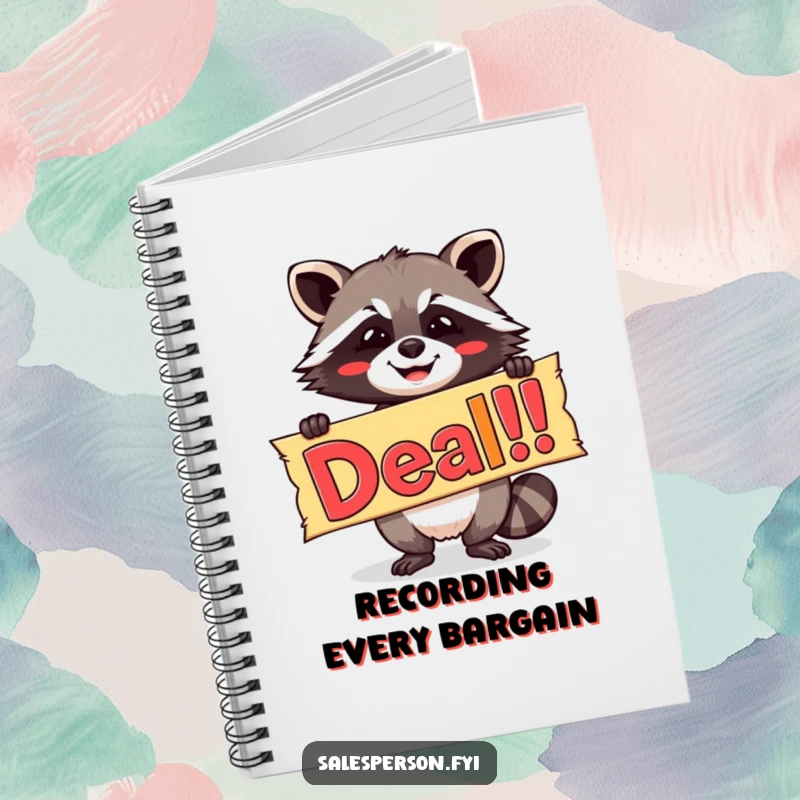 Funny notebook with a beaming raccoon holding a colorful 'Deal!' banner, perfect for jotting down savings opportunities.