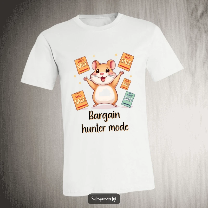 Funny t-shirt featuring an excited hamster skillfully juggling numerous sale flyers with a look of pure shopping glee.