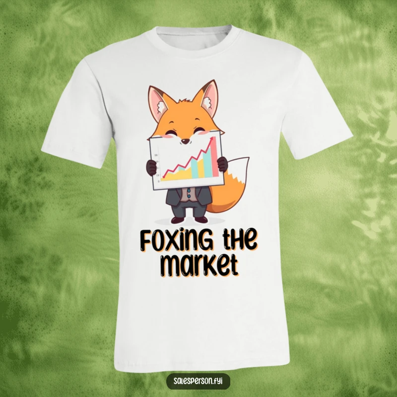 Funny T-shirt features a sophisticated fox in a suit presenting a large, colorful graph that shows significant growth.