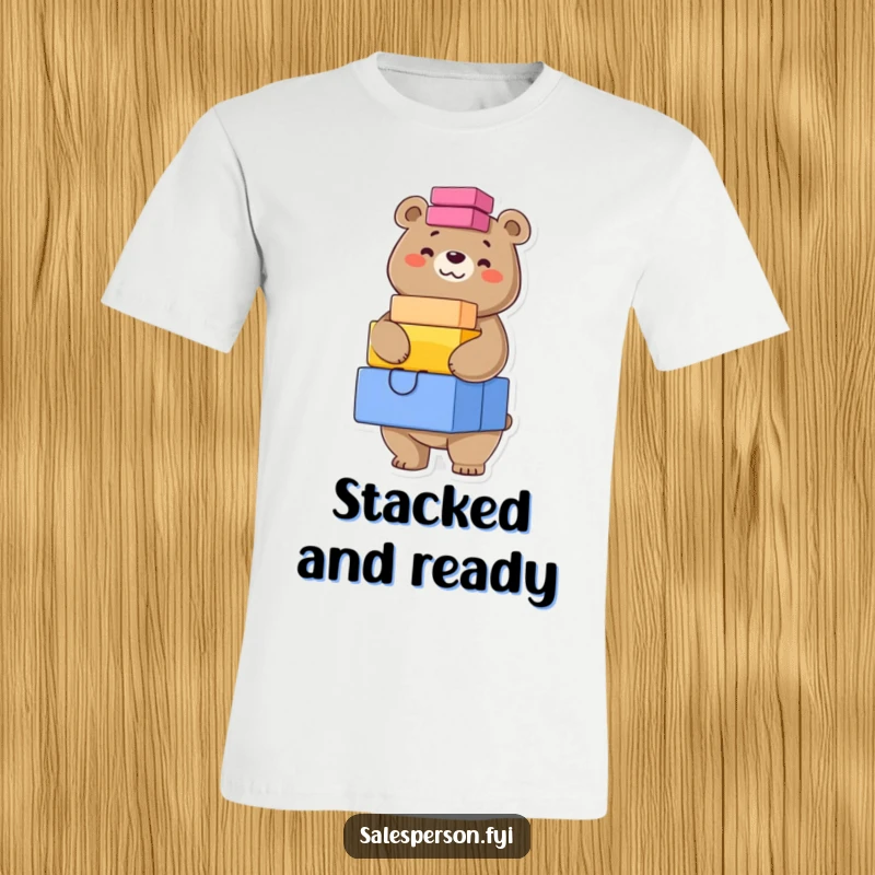 Funny t-shirt depicting a confident bear grinning while balancing a precarious stack of colorful boxes, demonstrating effortlessness.
