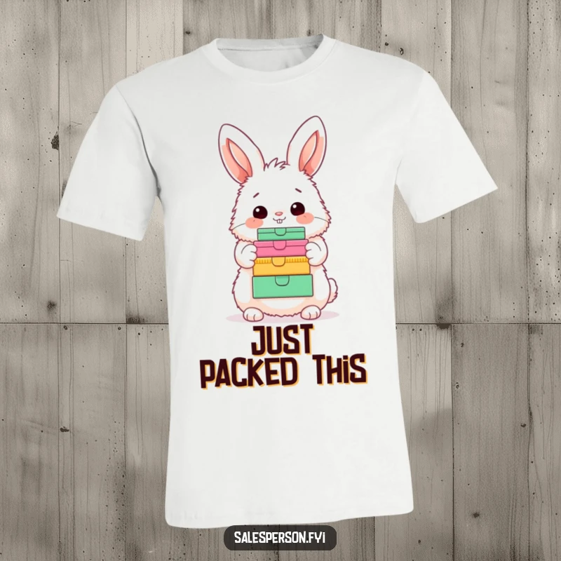 Funny Bunny T-Shirt: Adorable fluffy bunny with a happy nod, proudly displaying a vibrant stack of boxes, perfect for gift recipients.