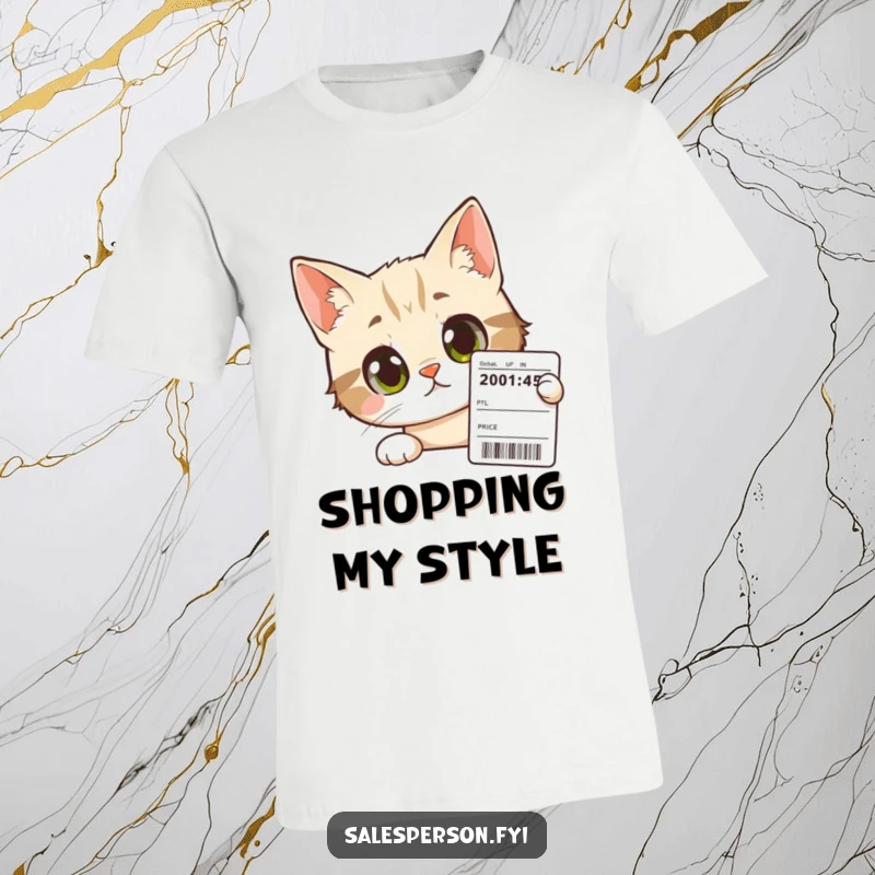 Funny Cat T-Shirt: A curious cat with wide, intrigued eyes looks at a price tag, ideal for bargain hunters.