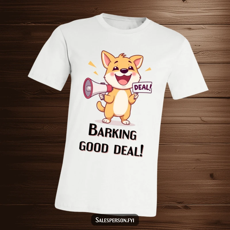 Funny Dog Deal T-Shirt: Happy dog excitedly announcing a deal with a megaphone, great for gifting.